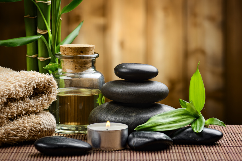 zen basalt stones and bamboo on the wood